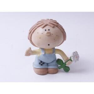 Bumpkins, Boy with a Flower, PVC, 2 1/2", Figure, Painted, Big Head, Blue Overal